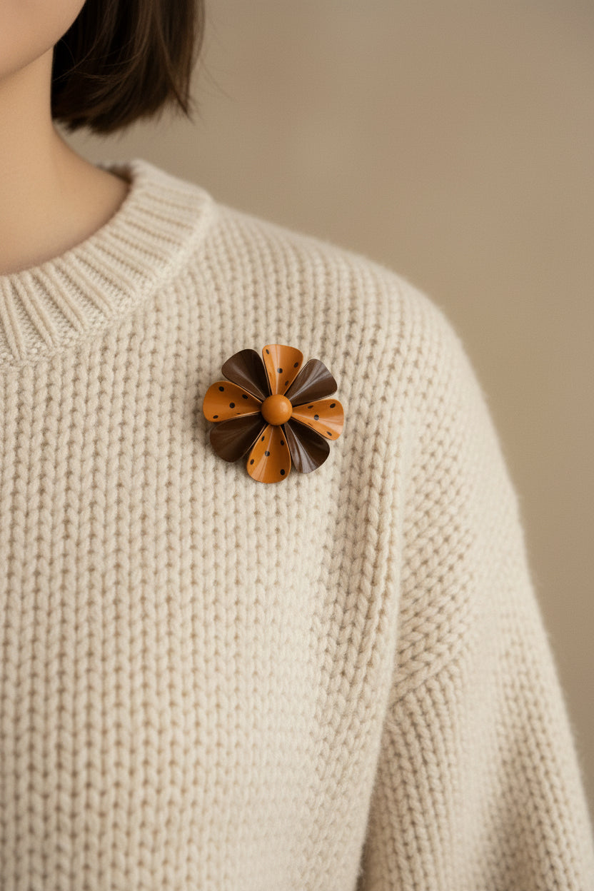 Vintage 1960s Brown & Orange Polka Dot Metal Flower Brooch
