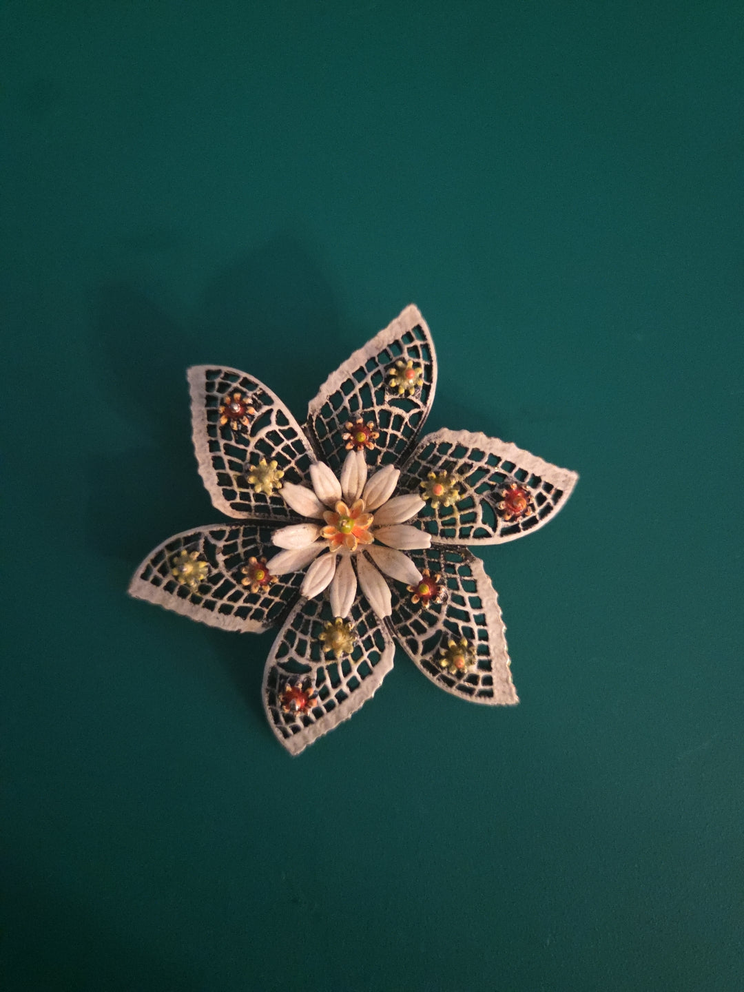 Vintage Signed ART Metal Flower Brooch in White & Peach