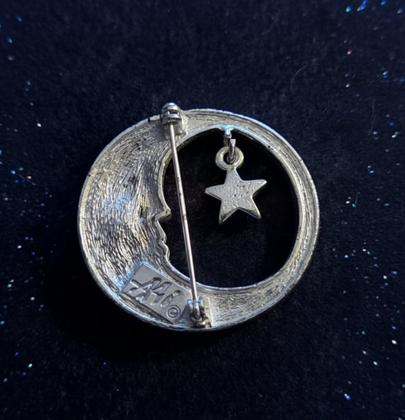 Vintage Signed AAI Silver Moon & Star Blue Rhinestone Brooch