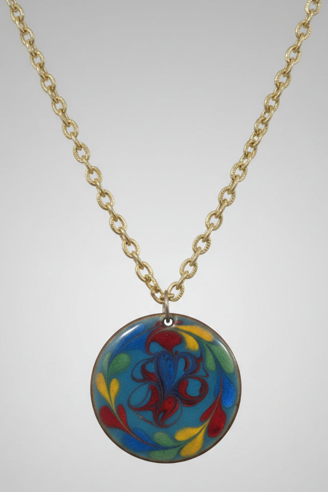 Vintage 1970's enamel round pendant with gold chain Groovy Unique