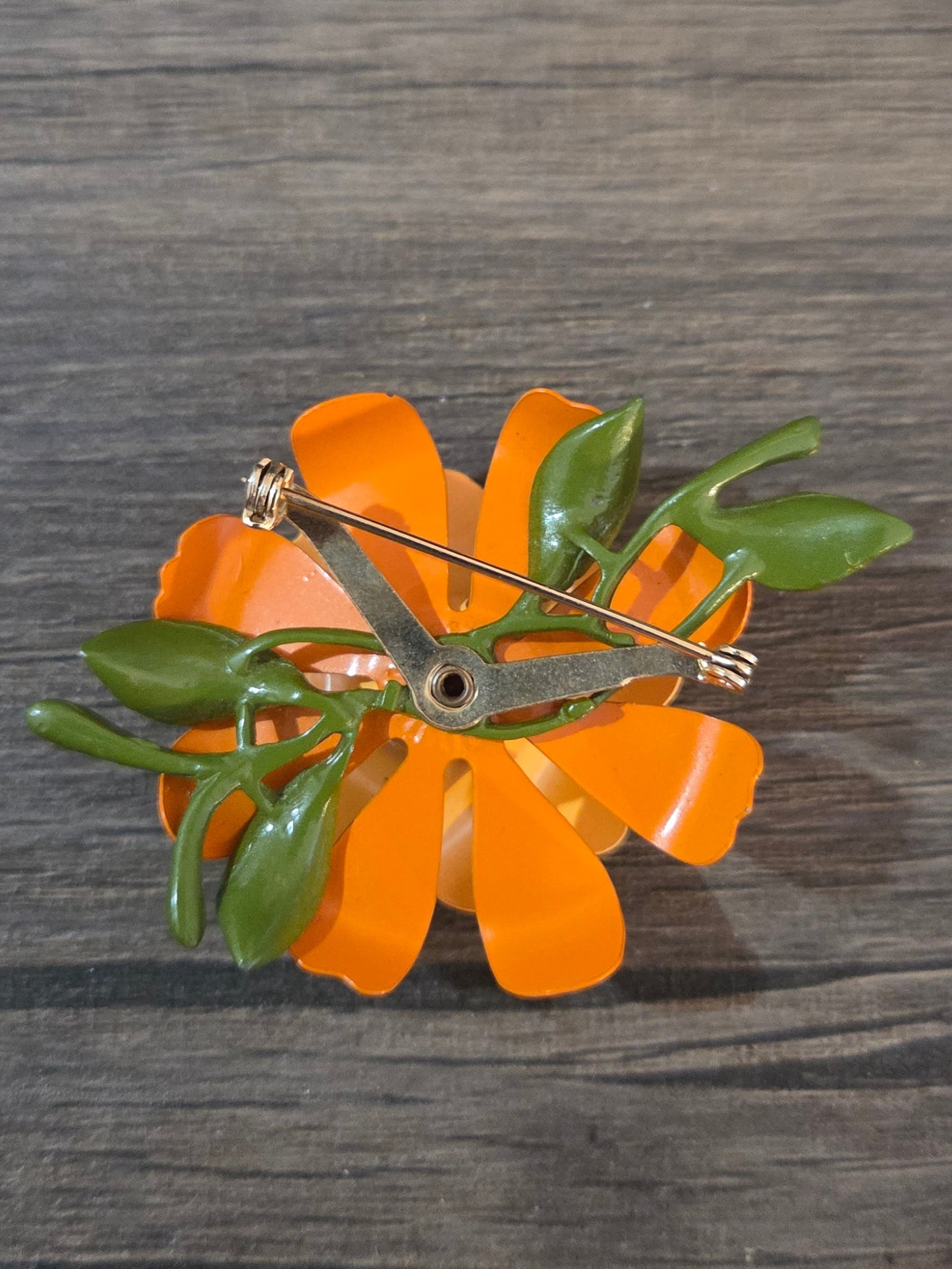 Vintage 1960s Bright Orange Metal Flower Brooch
