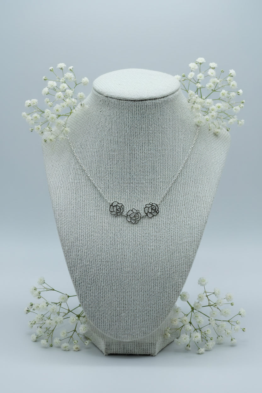 Vintage Sterling Silver Three Cut Out Roses Necklace