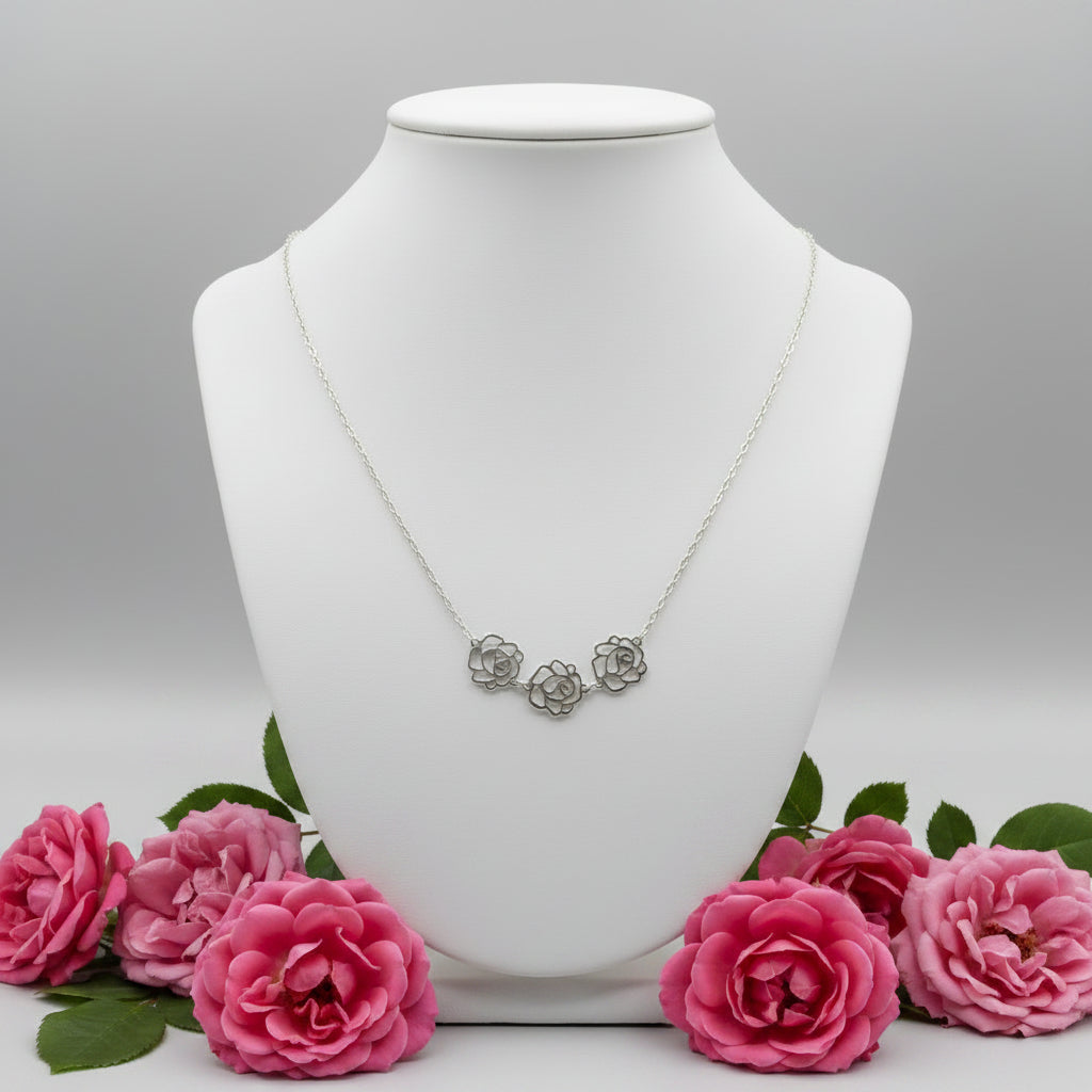 Vintage Sterling Silver Three Cut Out Roses Necklace
