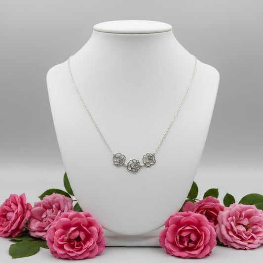 Vintage Sterling Silver Three Cut Out Roses Necklace