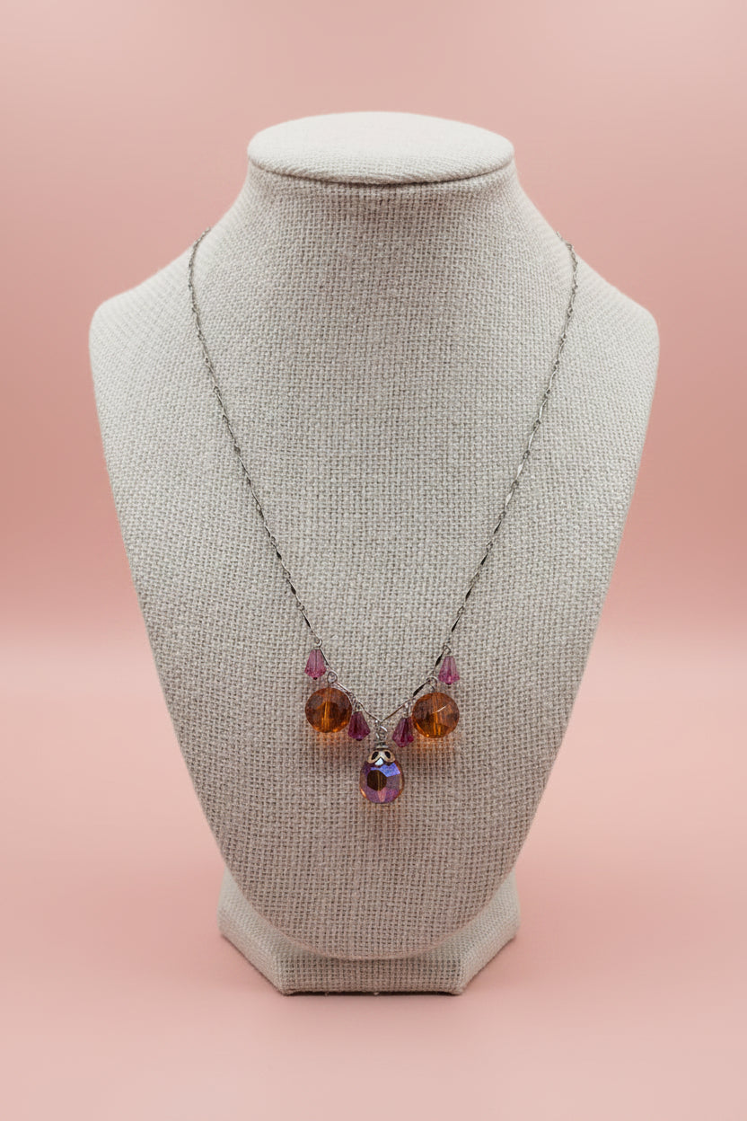 Vintage Sterling Silver V Cluster Glass Beads Necklace with Magnetic Clasp
