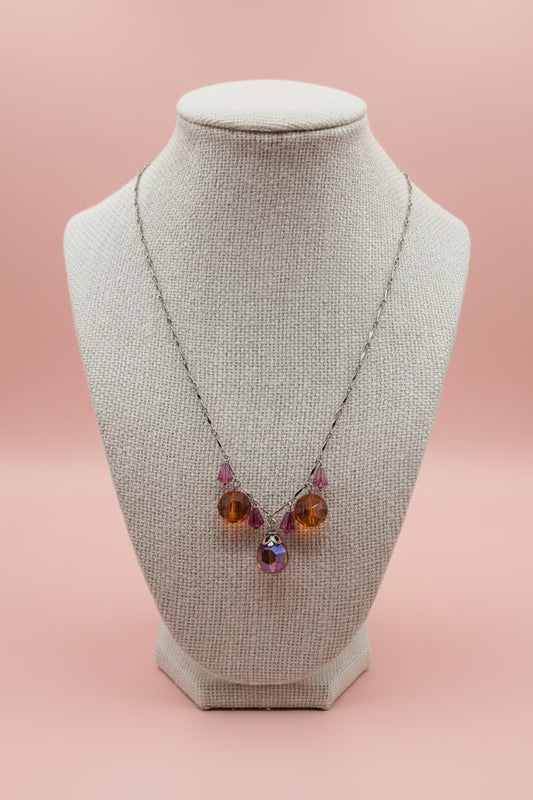 Vintage Sterling Silver V Cluster Glass Beads Necklace with Magnetic Clasp