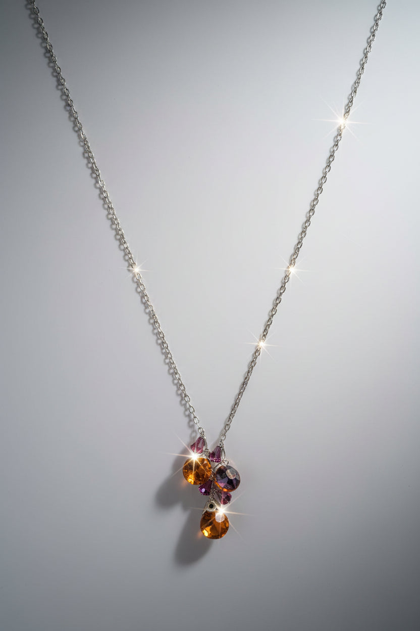 Vintage Sterling Silver V Cluster Glass Beads Necklace with Magnetic Clasp