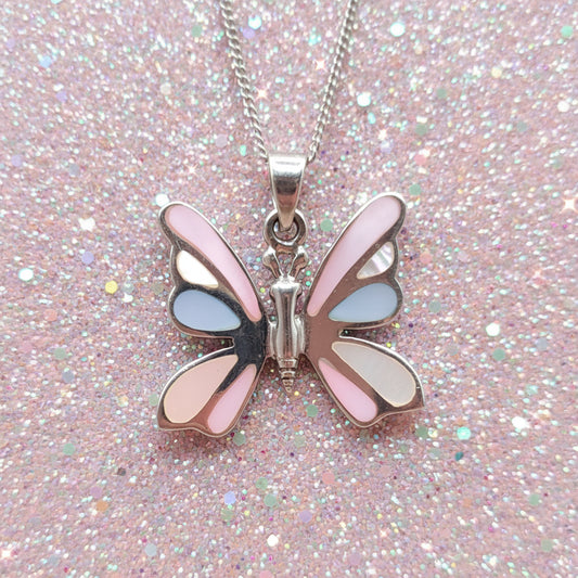 Vintage Sterling Silver Inlaid Butterfly on Sterling silver Chain
