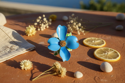 Vintage 1960s Dark Blue Metal Flower Brooch