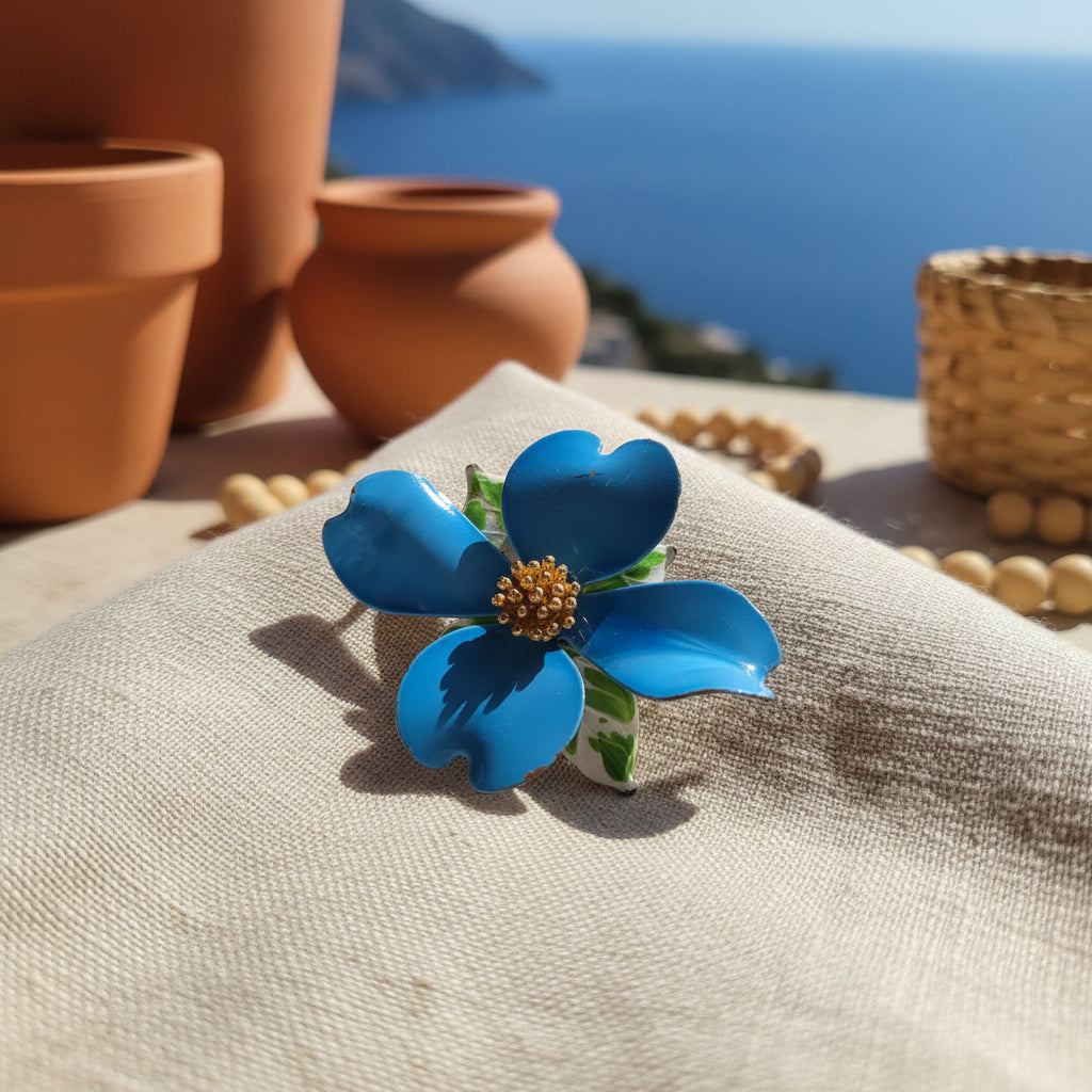 Vintage 1960s Dark Blue Metal Flower Brooch