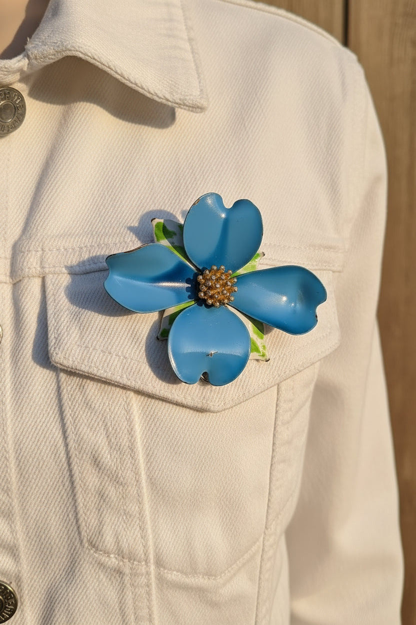 Vintage 1960s Dark Blue Metal Flower Brooch