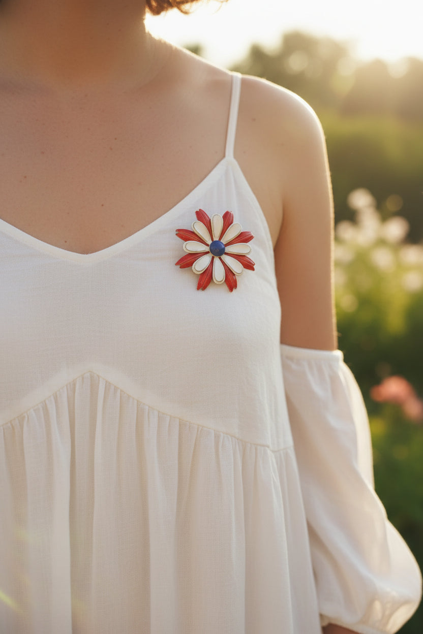 Vintage 1960s Red, White & Blue Daisy Metal Brooch