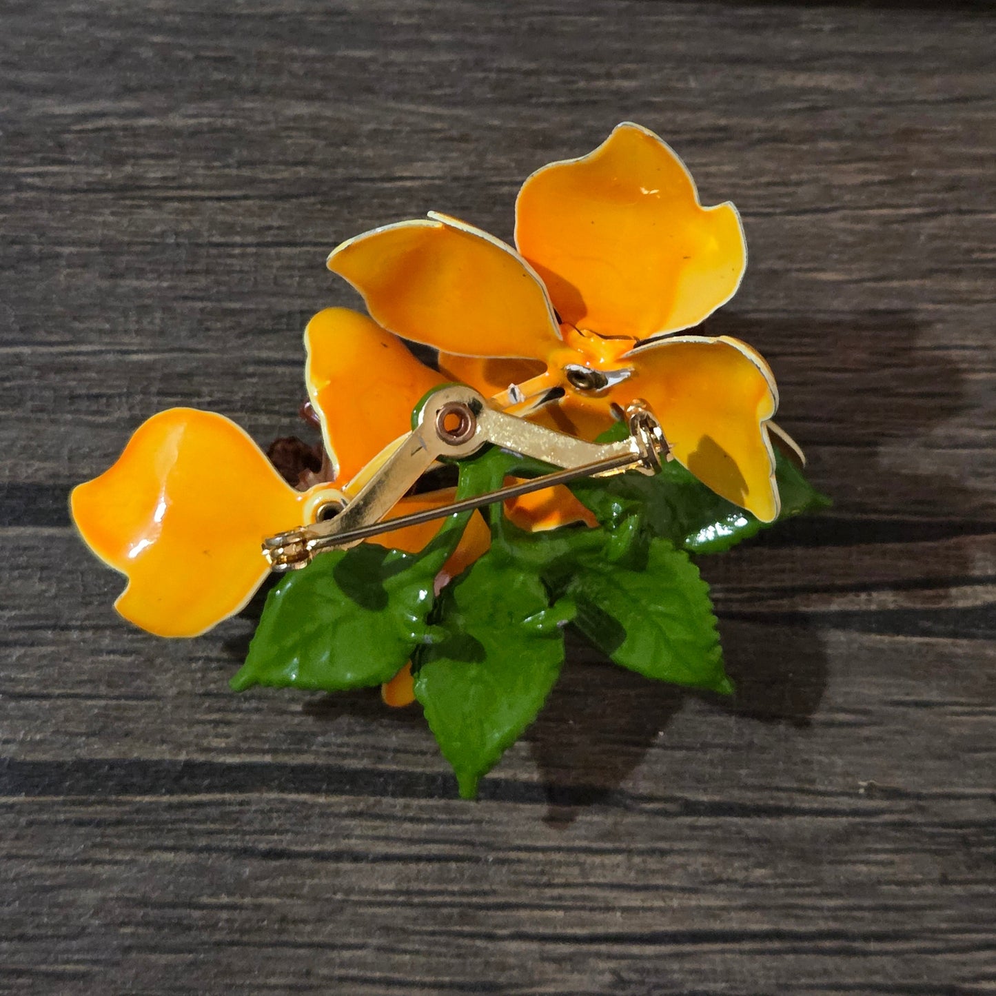 Vintage Orange & Yellow Metal Double Flower Brooch