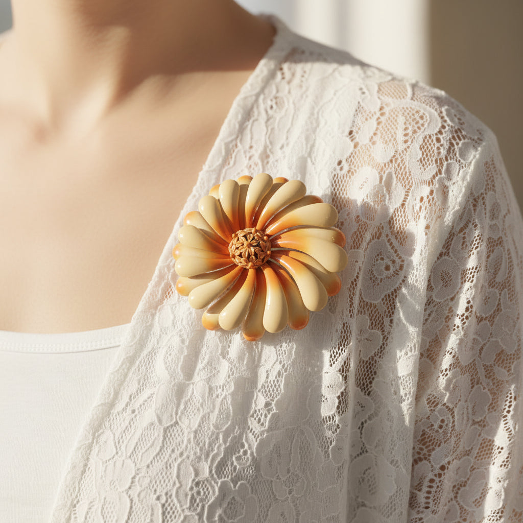 Vintage Orange & Yellow Brooch with Tiny Flower Center Detail Metal