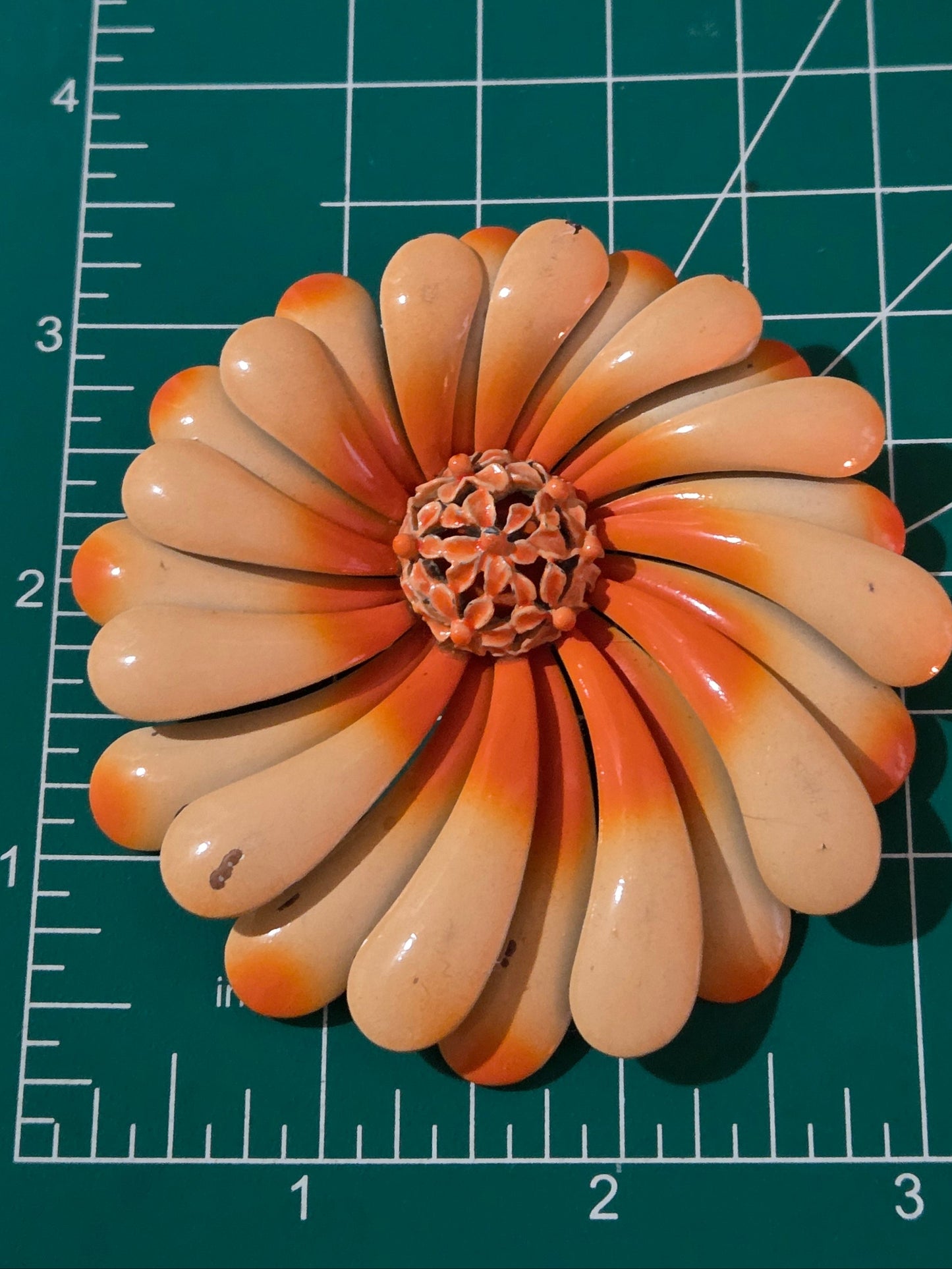 Vintage Orange & Yellow Brooch with Tiny Flower Center Detail Metal