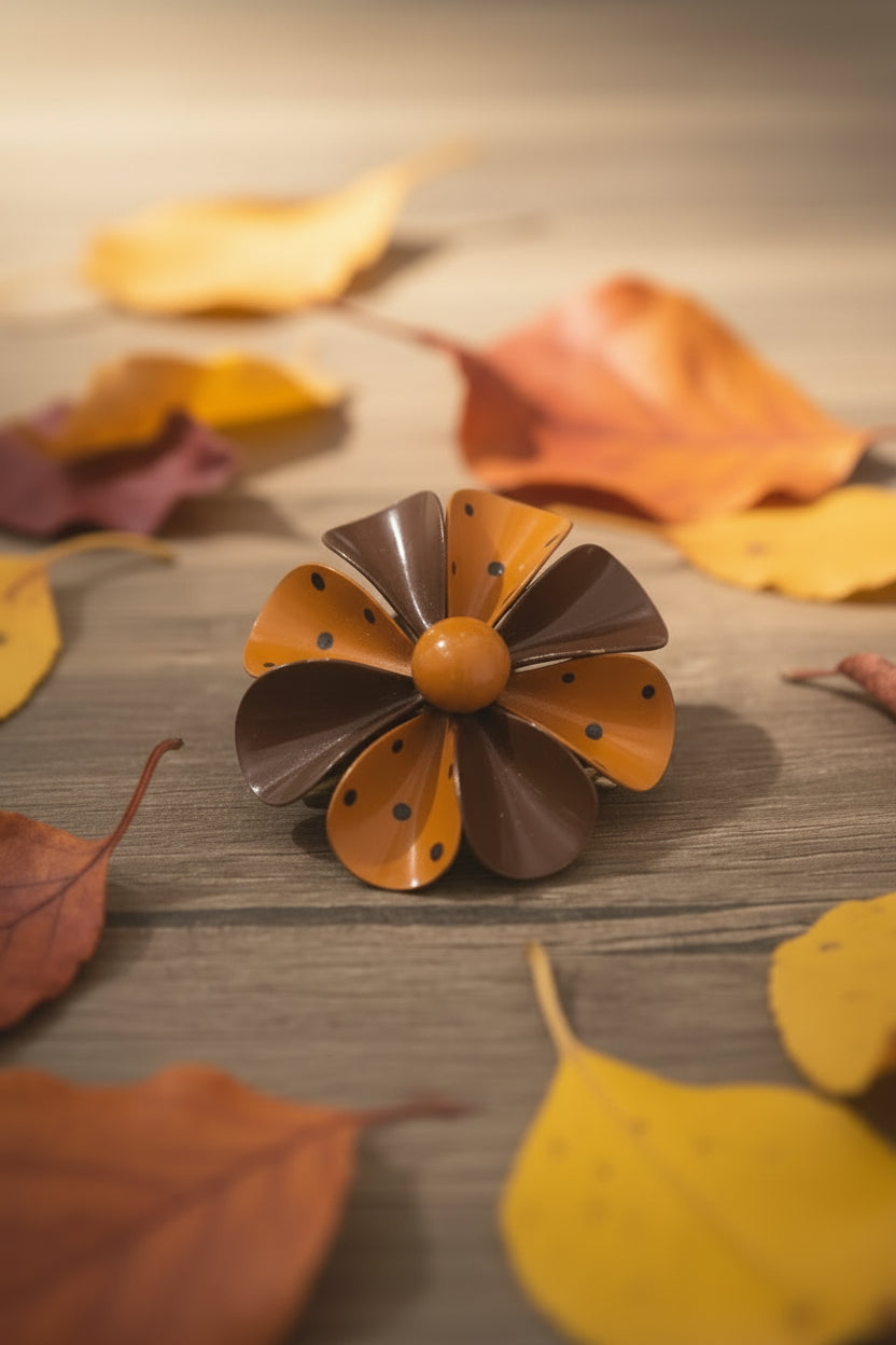 Vintage 1960s Brown & Orange Polka Dot Metal Flower Brooch