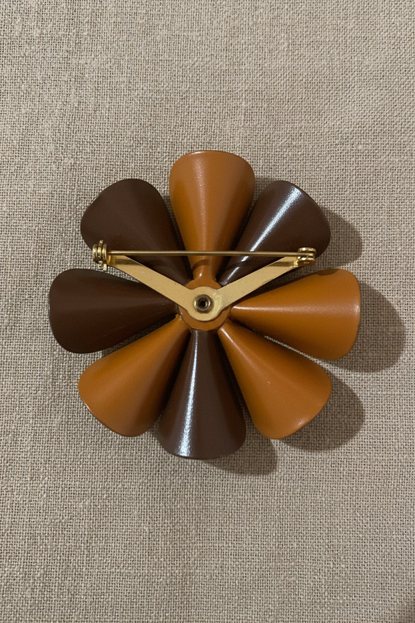 Vintage 1960s Brown & Orange Polka Dot Metal Flower Brooch