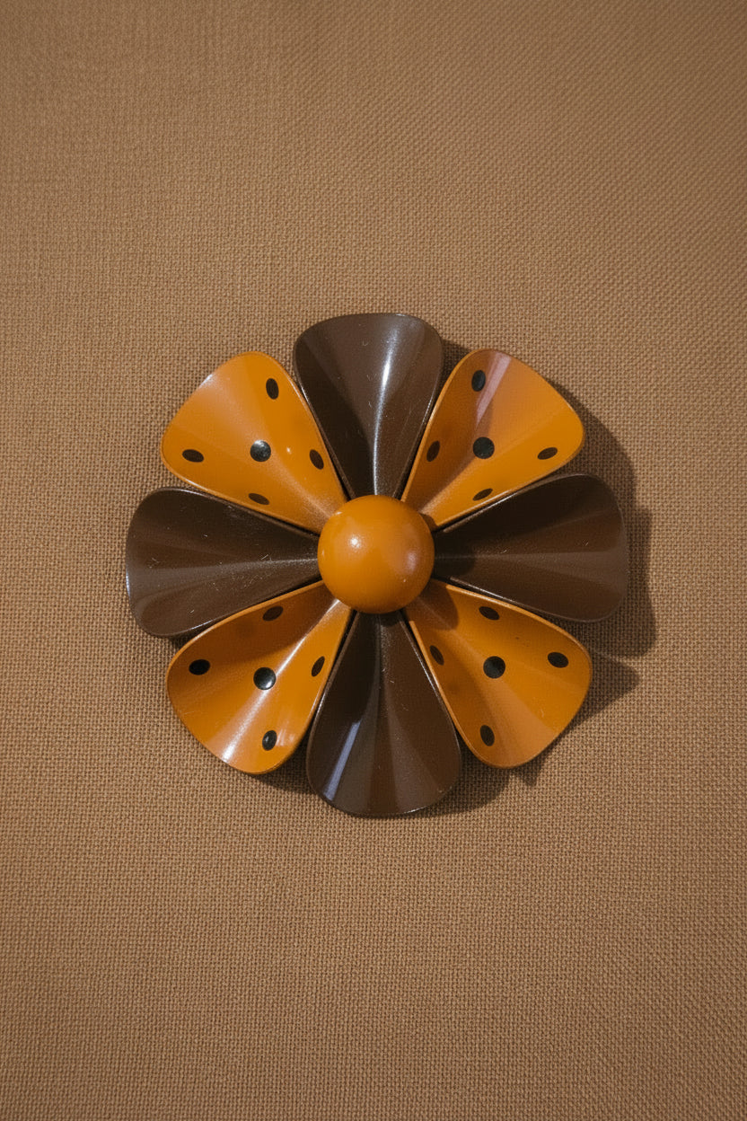 Vintage 1960s Brown & Orange Polka Dot Metal Flower Brooch