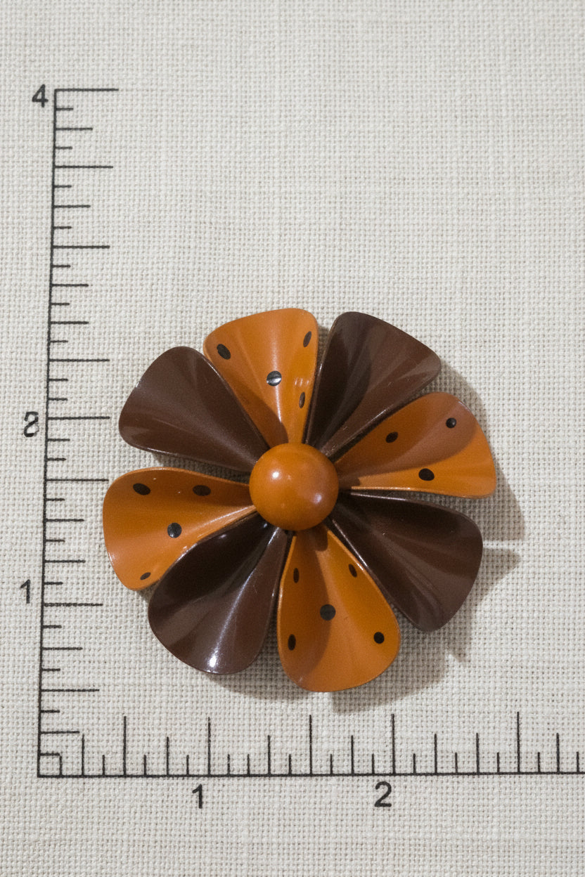 Vintage 1960s Brown & Orange Polka Dot Metal Flower Brooch