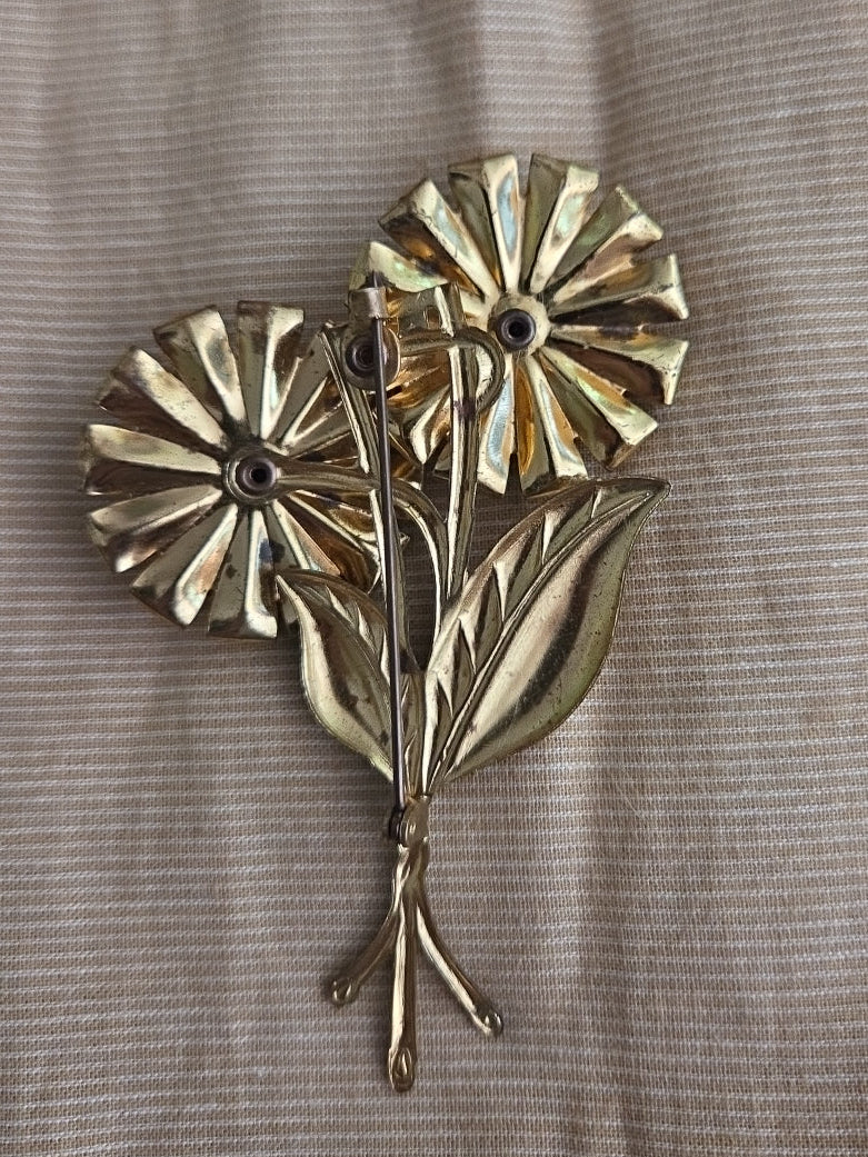 1950s Double Flower Brooch — Blue Rhinestone & Gold Tone