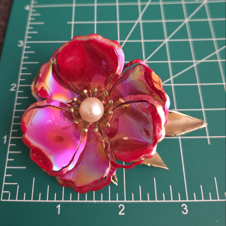 Vintage hot pink pearl center metal flower