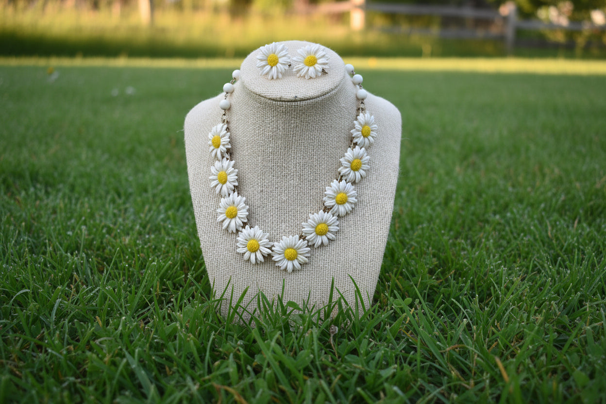 Vintage Plastic Daisy Chain Necklace & Earring Set