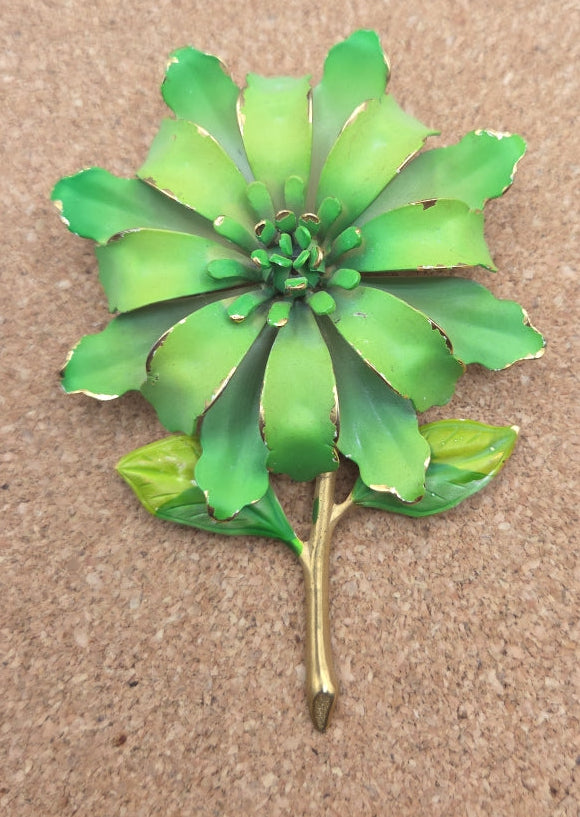 Vintage green enamel metal flower brooch 1960's
