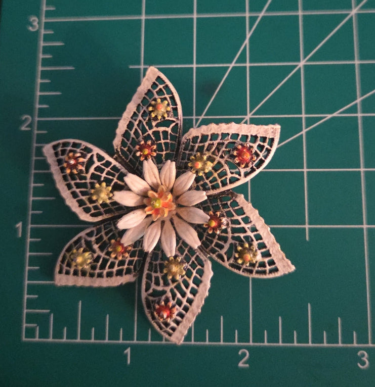 Vintage Signed ART Metal Flower Brooch in White & Peach