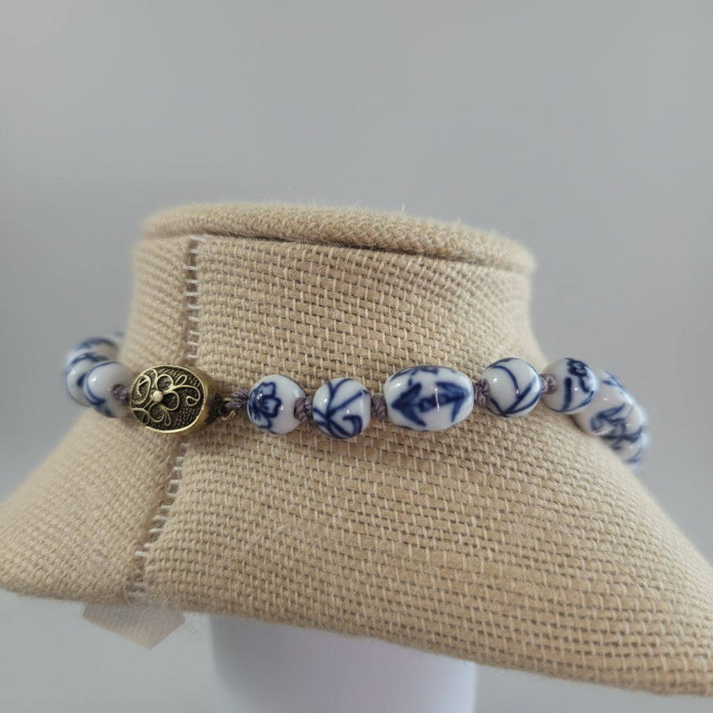 Vintage Blue & White Porcelain Bead Statement Necklace – Handcrafted Ceramic Beads – Long Chinoiserie Style Necklace
