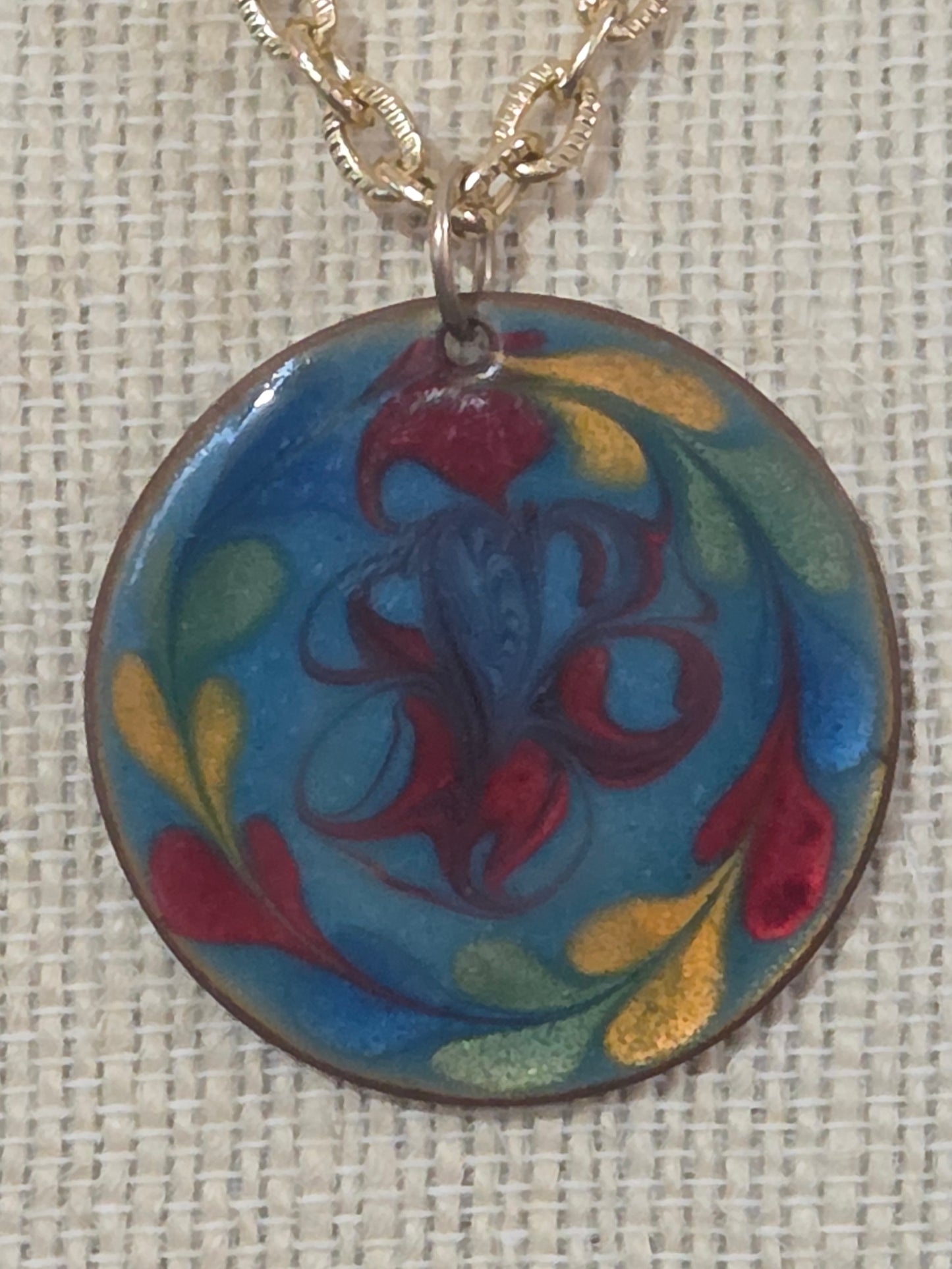 Vintage 1970's enamel round pendant with gold chain Groovy Unique