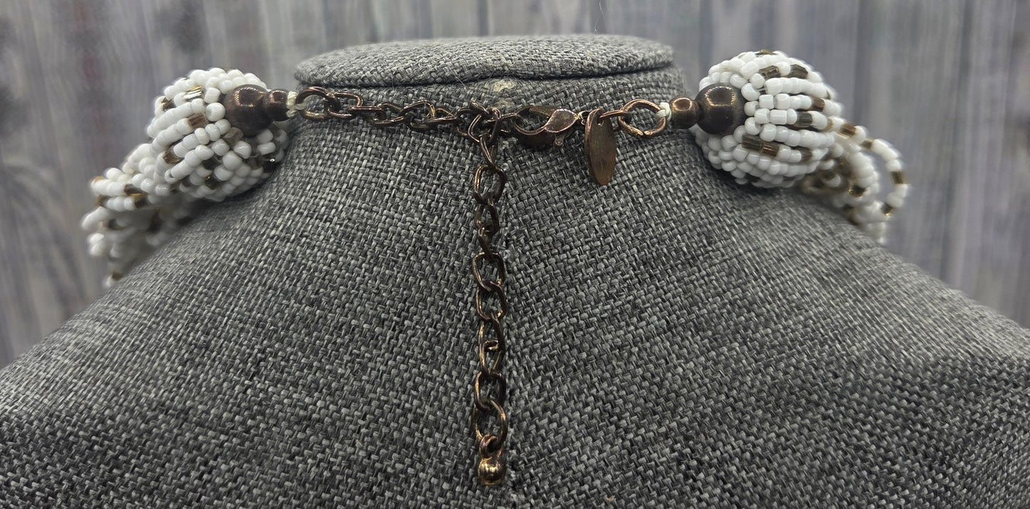 Vintage Chunky Woven Signed C Seed bead Brown and White Necklace