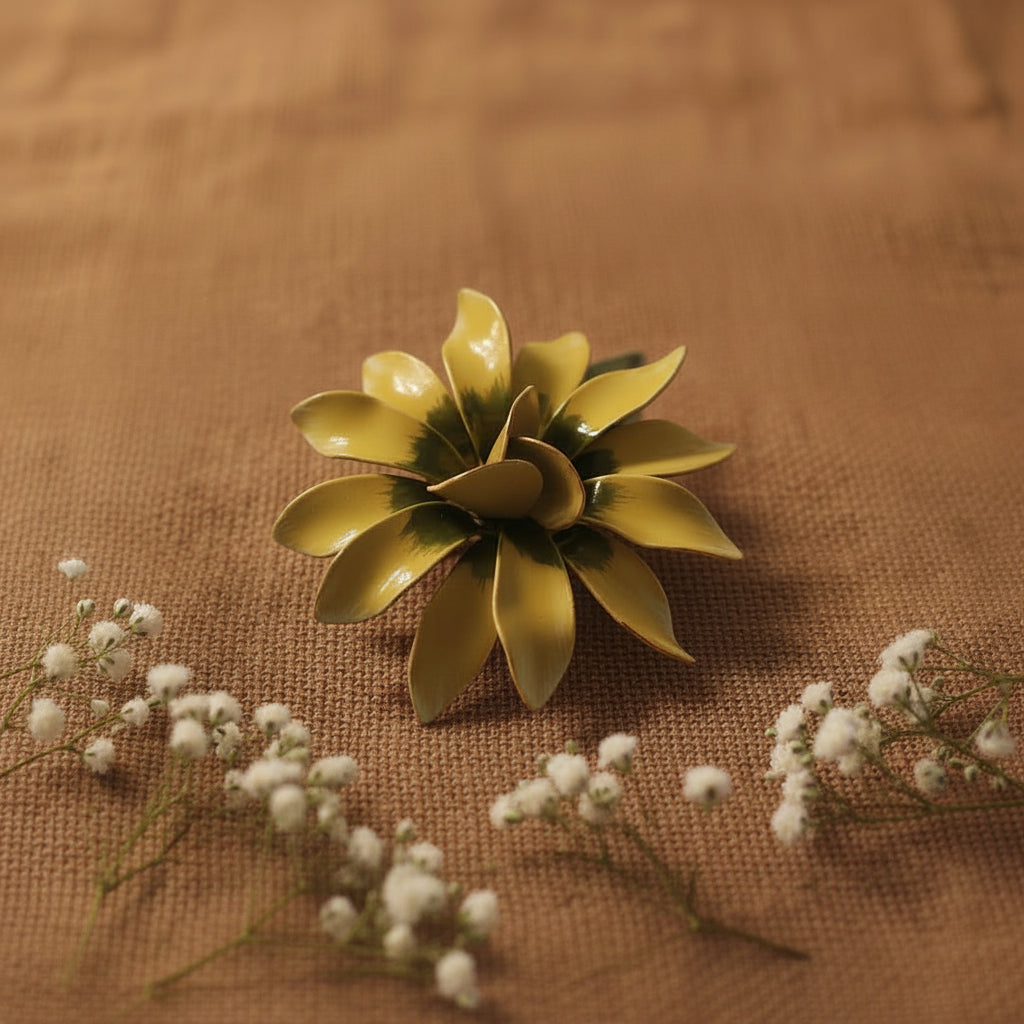 Vintage metal flower greens yellows 1960's brooch