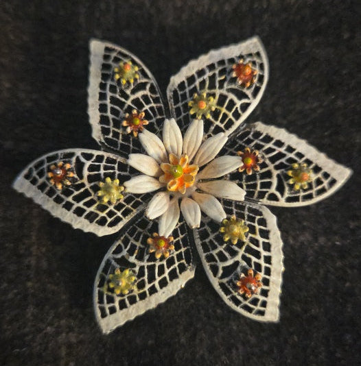 Vintage Signed ART Metal Flower Brooch in White & Peach