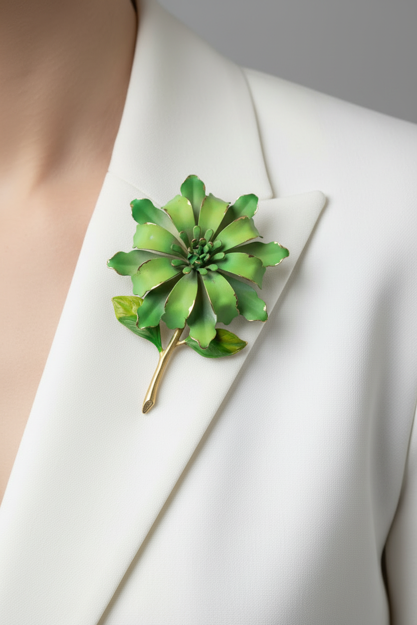 Vintage green enamel metal flower brooch 1960's