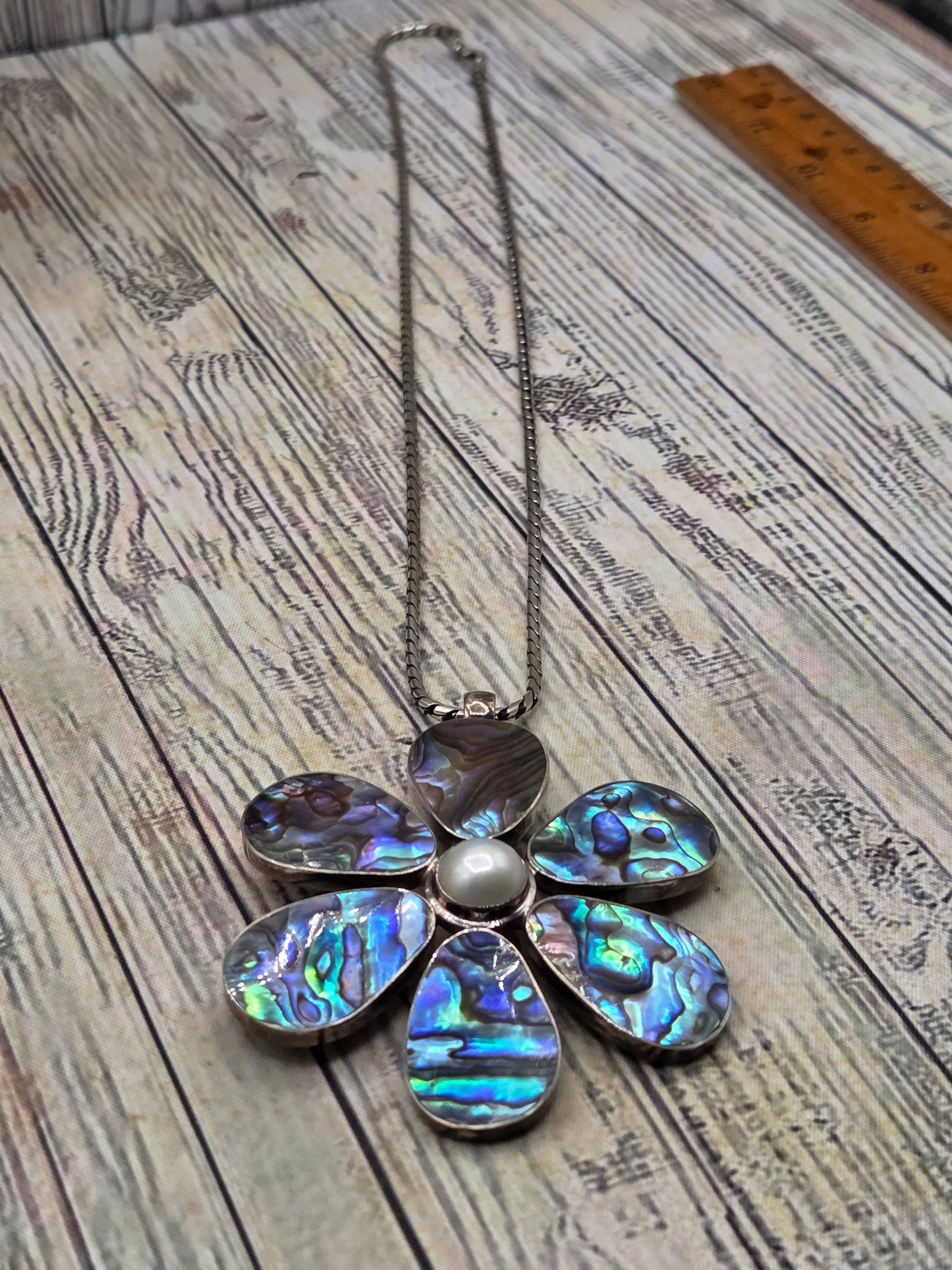 Vintage Boho Hippy Abalone flower sterling silver Thick sterling silver Chain