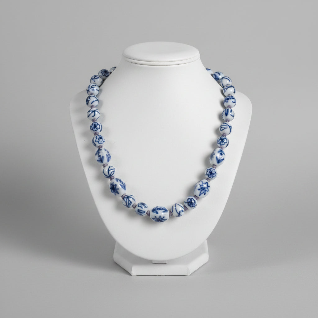 Vintage Blue & White Porcelain Bead Statement Necklace – Handcrafted Ceramic Beads – Long Chinoiserie Style Necklace