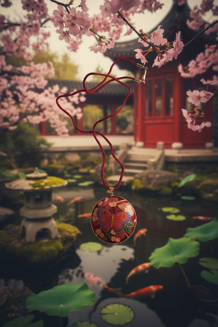 Vintage Red Round Cloisonné Butterfly Pendant on Silk Thread Cord