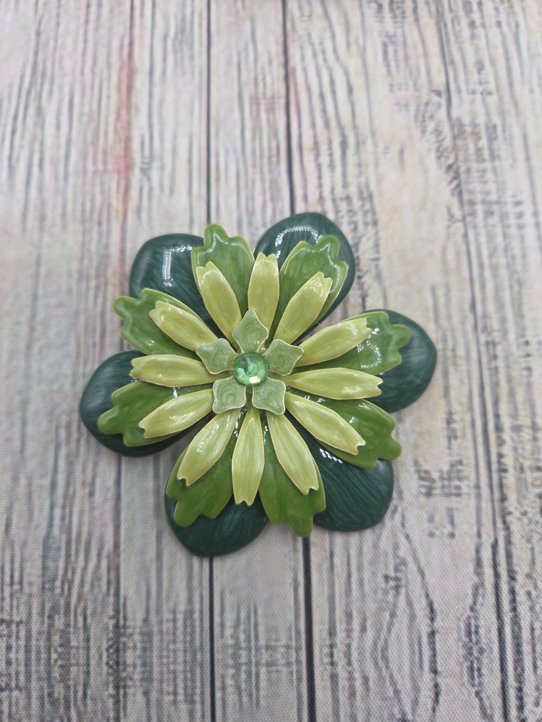 Vintage Enamel Flower metal greens with rhinestone