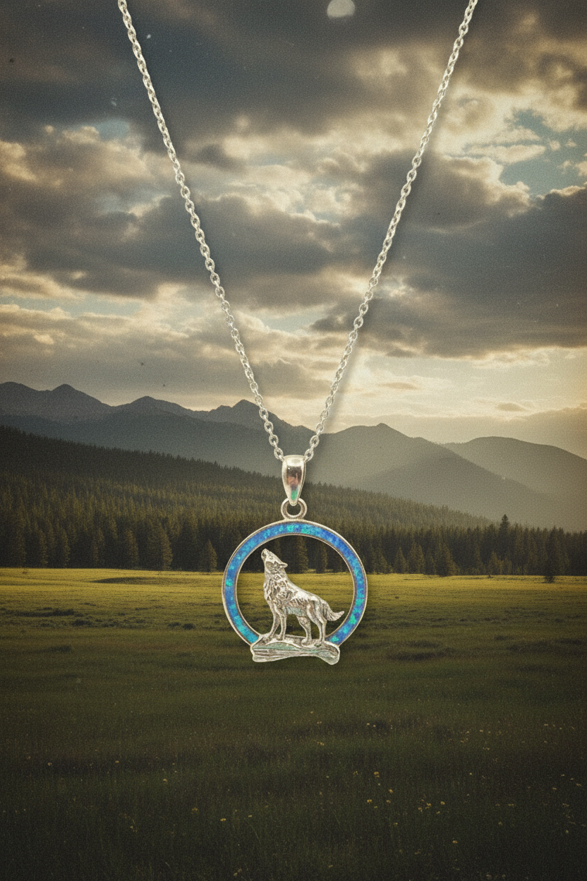 Vintage Sterling Silver Opal Wolf Moon Pendant with Chain