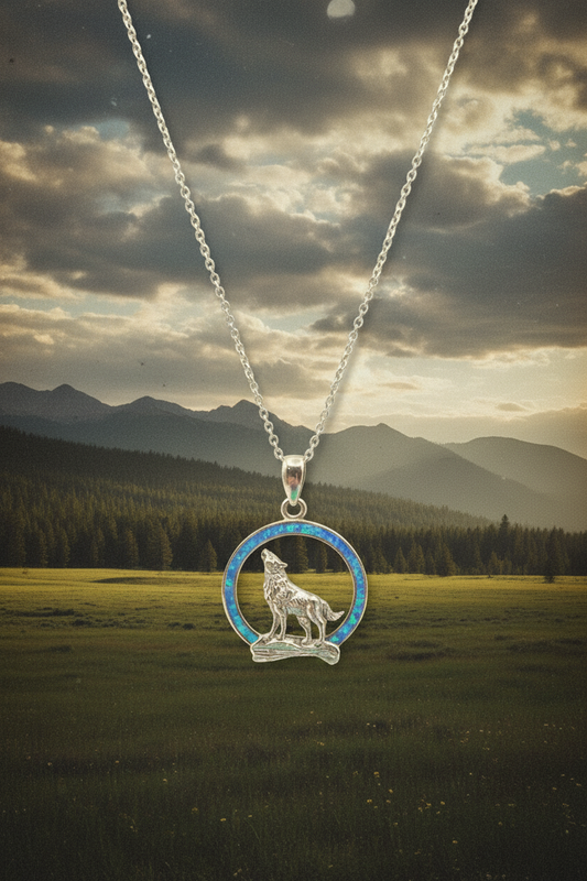 Vintage Sterling Silver Opal Wolf Moon Pendant with Chain