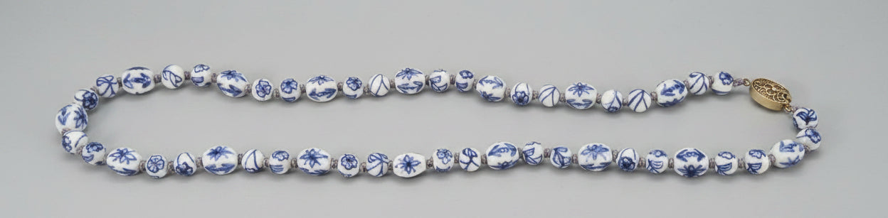 Vintage Blue & White Porcelain Bead Statement Necklace – Handcrafted Ceramic Beads – Long Chinoiserie Style Necklace