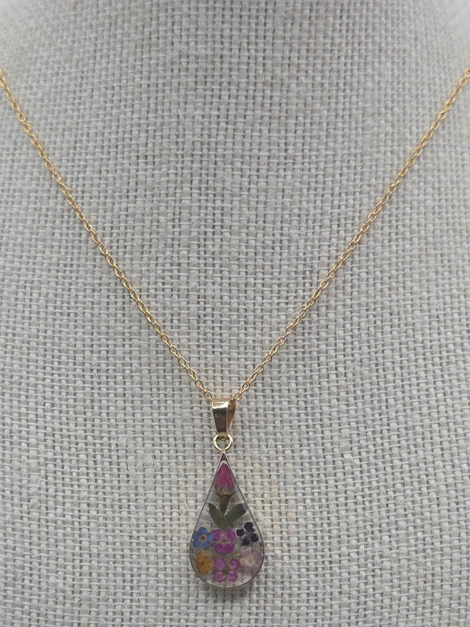 Vintage Sterling Silver Teardrop Pendant with Dried Flowers