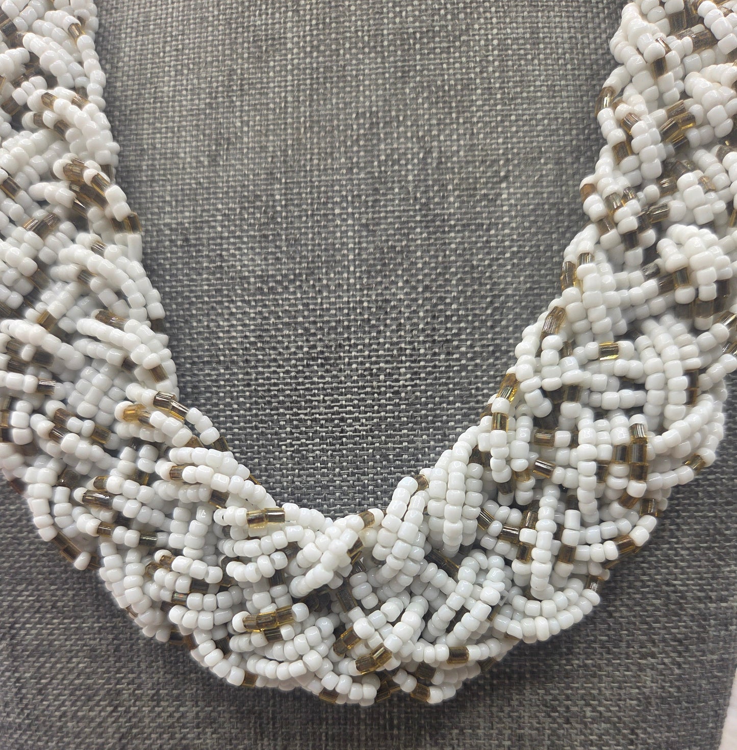 Vintage Chunky Woven Signed C Seed bead Brown and White Necklace