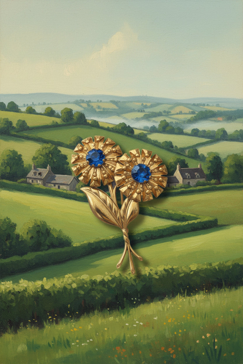 1950s Double Flower Brooch — Blue Rhinestone & Gold Tone