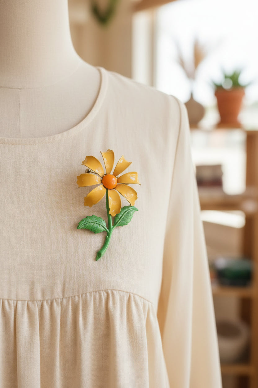 Vintage 1960s Yellow Sunflower Metal Brooch