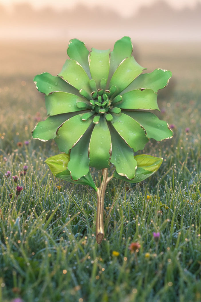 Vintage green enamel metal flower brooch 1960's