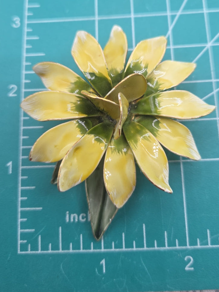Vintage metal flower greens yellows 1960's brooch