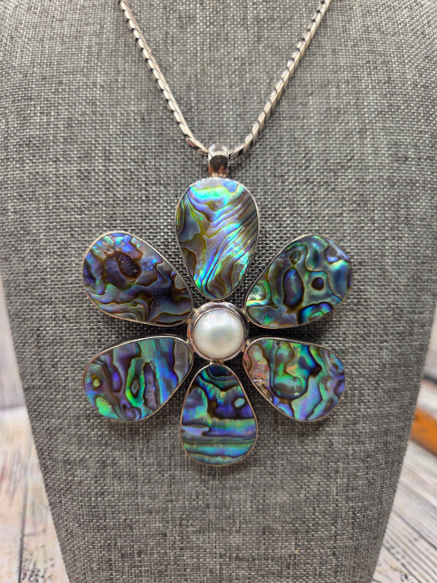 Vintage Boho Hippy Abalone flower sterling silver Thick sterling silver Chain