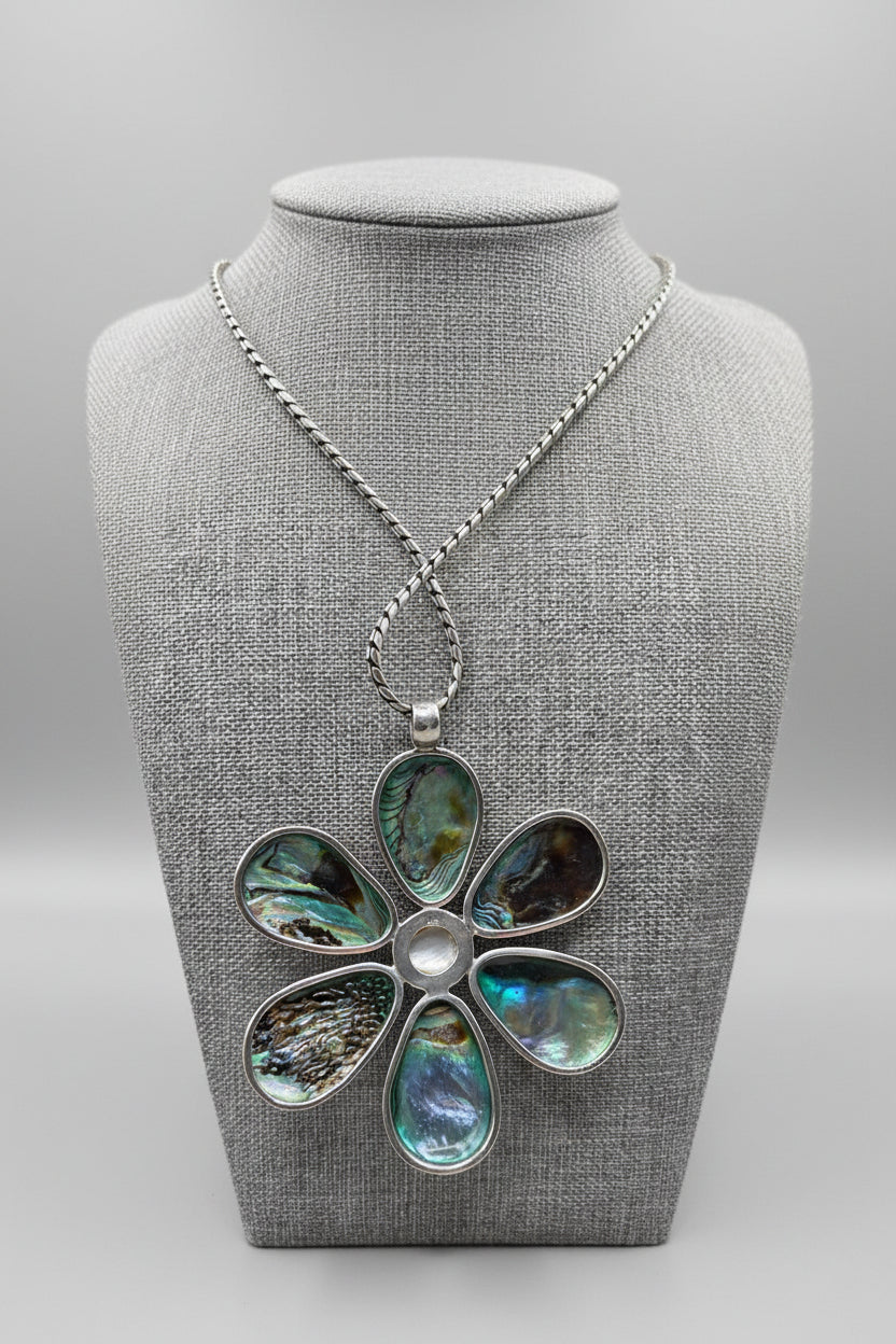 Vintage Boho Hippy Abalone flower sterling silver Thick sterling silver Chain
