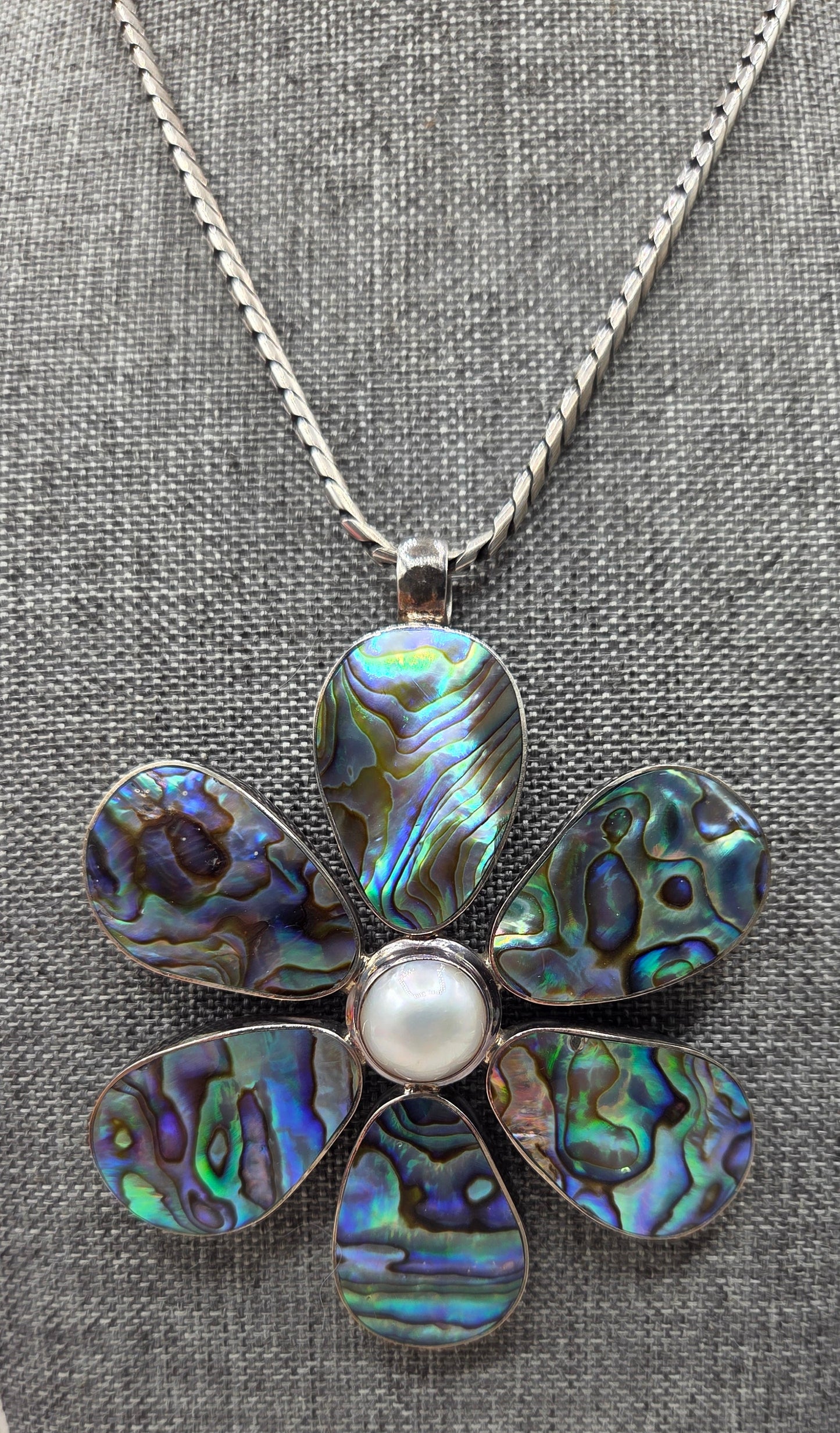 Vintage Boho Hippy Abalone flower sterling silver Thick sterling silver Chain
